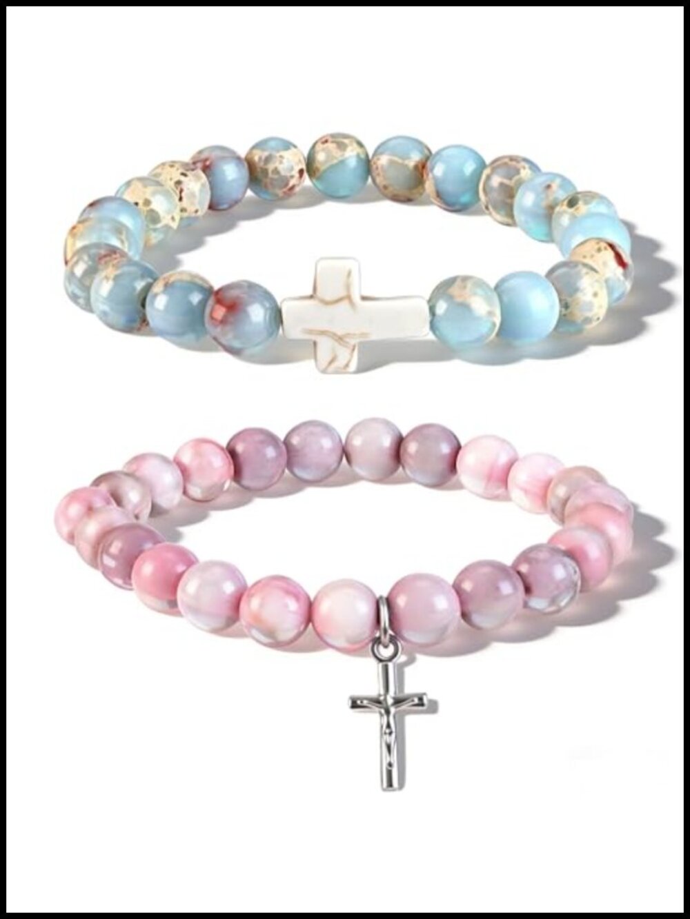 Natural Stone Cross Charm Bracelets for Women - Inspirational Religious Stretch